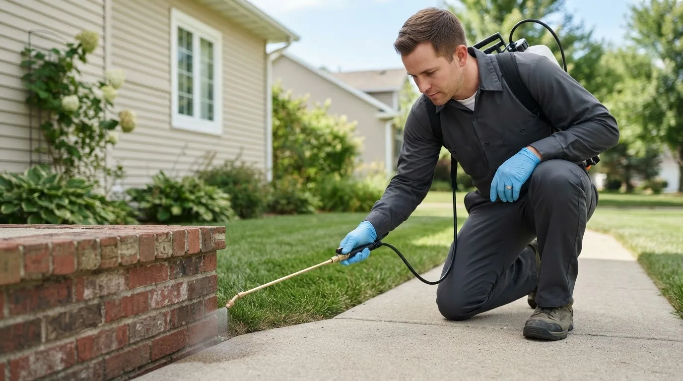 Pest control technician treating a home near Davenport, IA