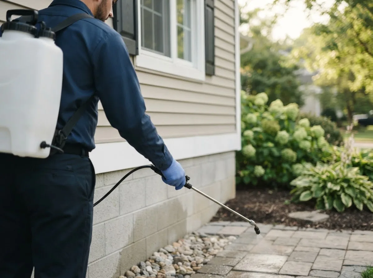 Pest control technician inspecting a home in Davenport, IA